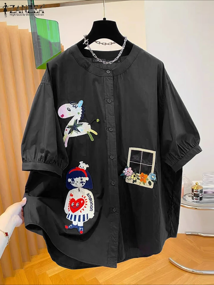 ZANZEA Summer Shirts Fashion Women O Neck Short Sleeve Blouse Casual Buttons Blusas Stylish Cartoon Tops Female Chemise Oversize