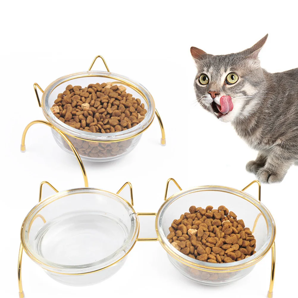 

1Pcs High Stool Cat Bowl Glass Raised Pet Bowl for Dogs Cats Elevated Feeding Stand Slant Design Pet Food Water Container