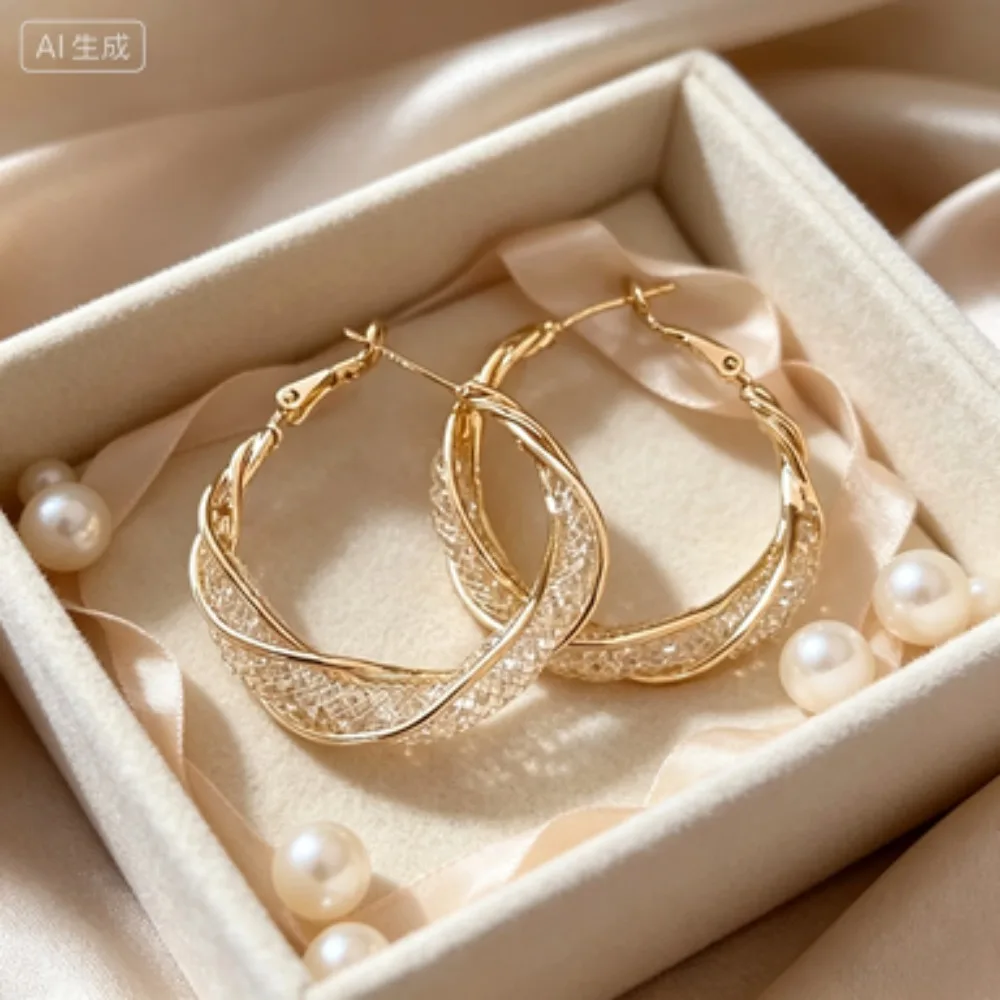 Elegant Shiny Mesh Rhinestone Hoop Earrings, Vintage Gold Hollow Mobius Twisted Round Earrings for Women