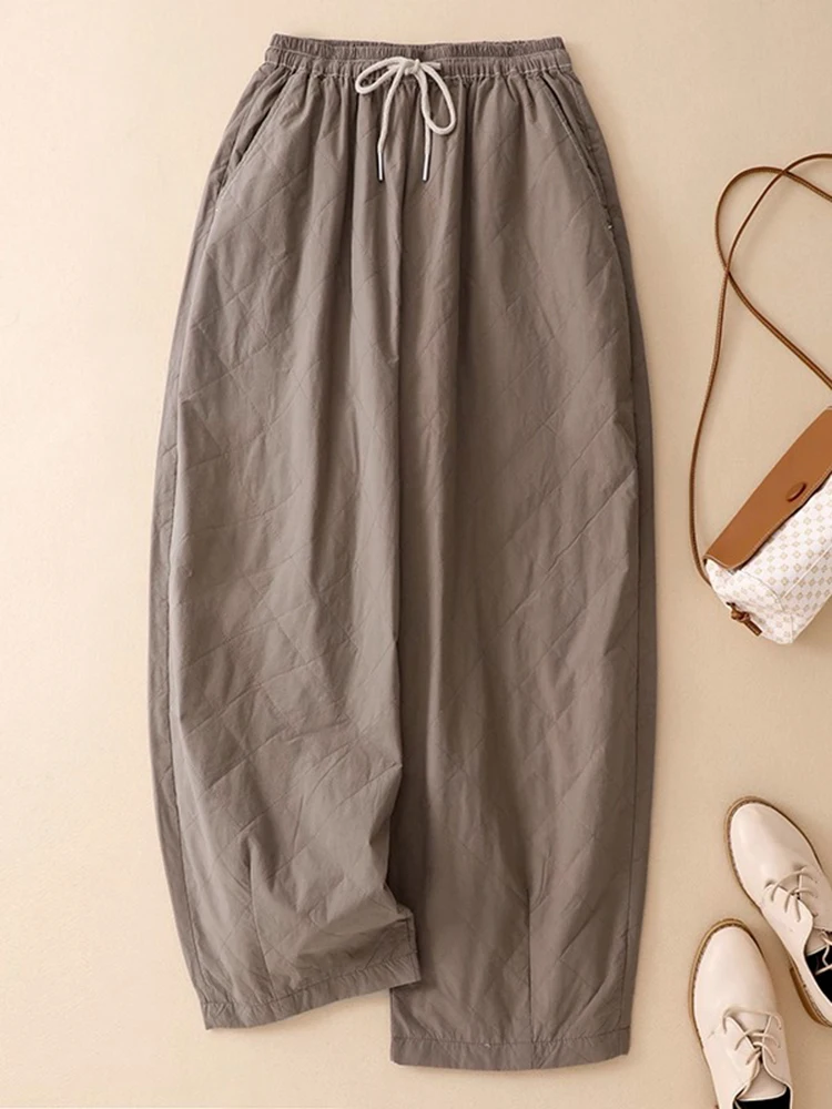 Japanese style lazy cotton padded warm wide leg cotton pants women winter drawstring tied elastic waistband casual pants