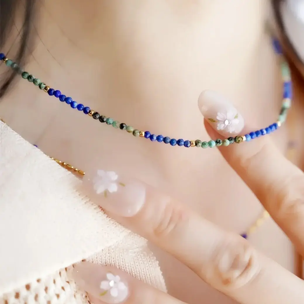 Vintage Classic Melad Series Natural African Turquoise Tiger Eye Lapis Stone Bead Necklace Women's Clavicular Chain