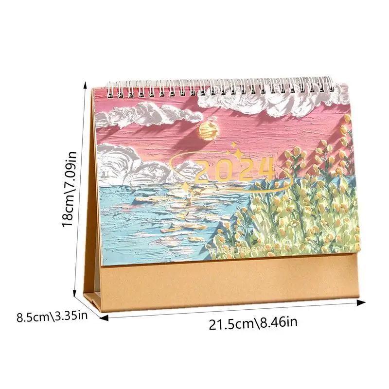 ปฏิทินโต๊ะพับได้ปฏิทินโต๊ะเล็กพร้อมการออกแบบภาพวาดสีน้ำมันแบบตั้งโต๊ะแบบกว้างตัวกำหนดตารางเวลารายเดือนบ้านส่วนตัว