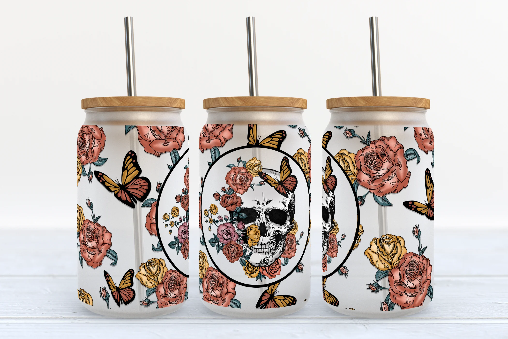 

16oz Skulls butterflies and roses UV DTF transfer wrap Ready to apply Skull Tumbler Wrap