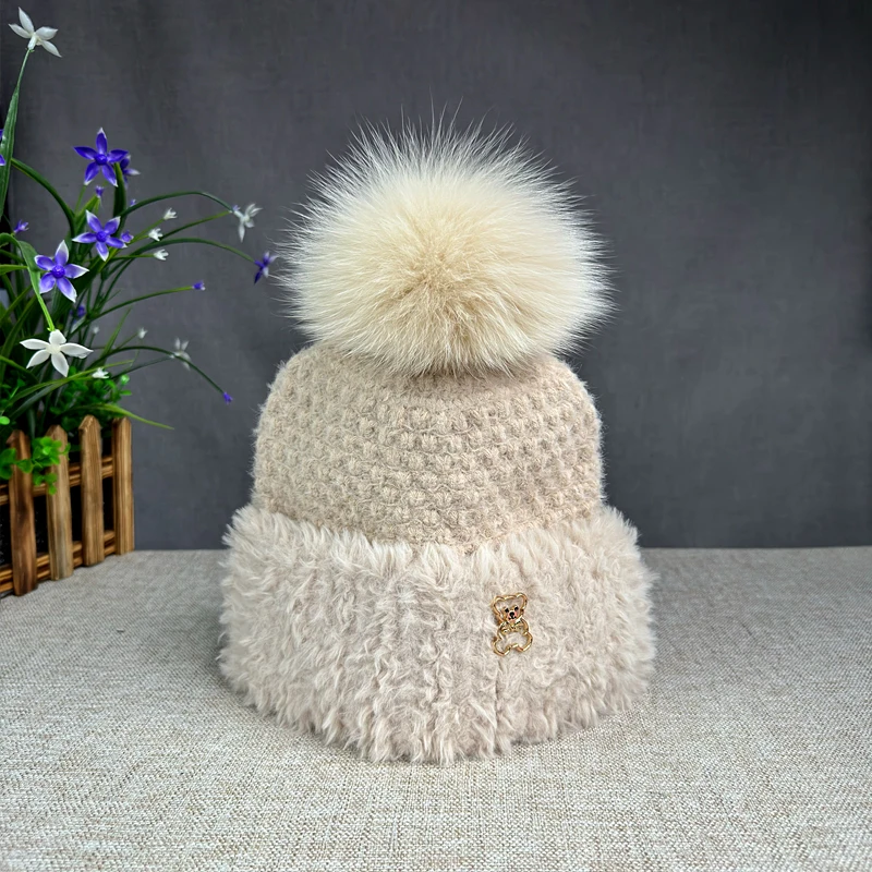 Plus size fur pompom hats High quality winter hat Cap for women girl exquisite bear decoration travel Hat Thick beanies ﻿