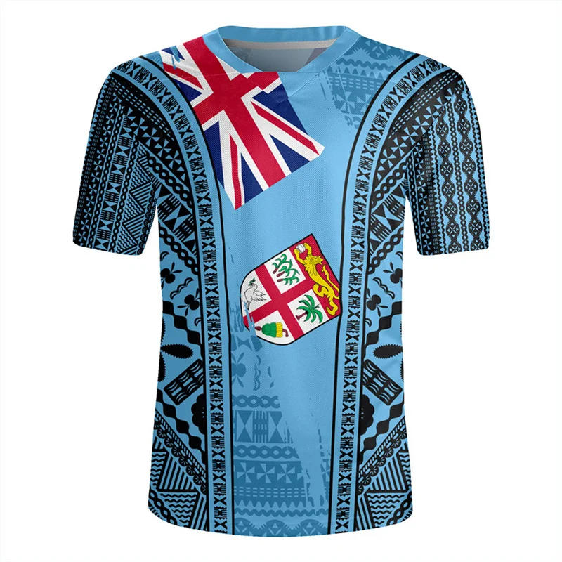 The Republic-of Fiji Flag 3D Printing V Neck T Shirt Fiji Rugby-Jersey Emblem Graphic V neck T Shirts For Men Fashion Tee Shirts