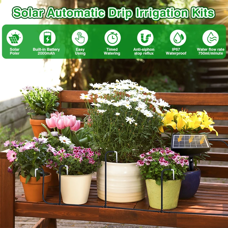 

Solar Automatic Drip Irrigation System Kits With Anti-Siphoning Device 2000mah Rechargeable Battery Supported 10-15 Pots Plants