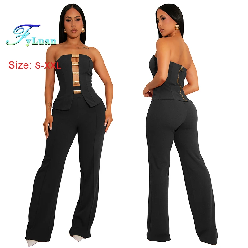 

2025 Fashionable New Women Two Piece Set High Street Clothing Sexy Strapless Wrap Bust Top And Casual Flare Pants Trousers Sets