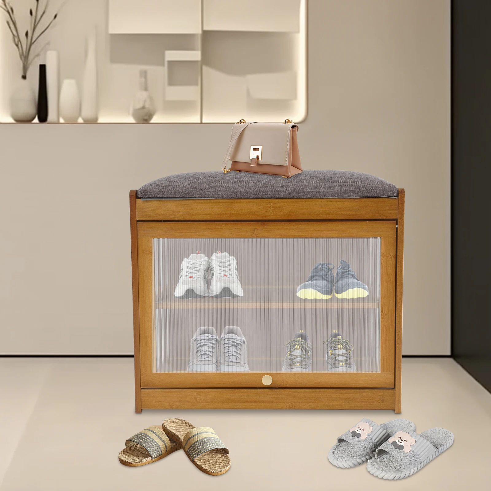 Schoenenbank in de hal - Bruine schoenenrekbank met kussen, 2-laags opbergruimte 165,35 lbs Belasting 50x32x44cm Acryldeur en magnetisch scharnier