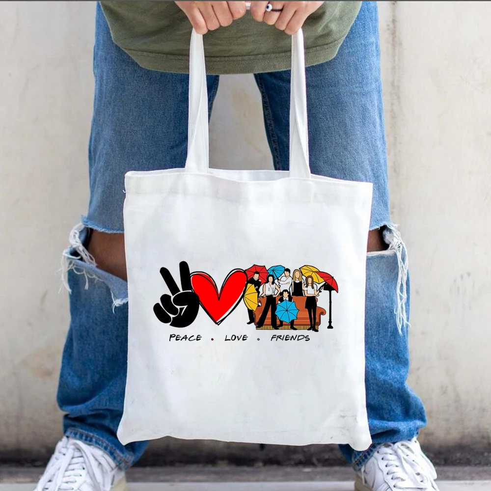 

Peace Love Friends Tote Bags Tv Show Friends Graphic Women Shoulder Bags Retro Canvas Shopping Bag Rachel Monica Eco Tote Bags