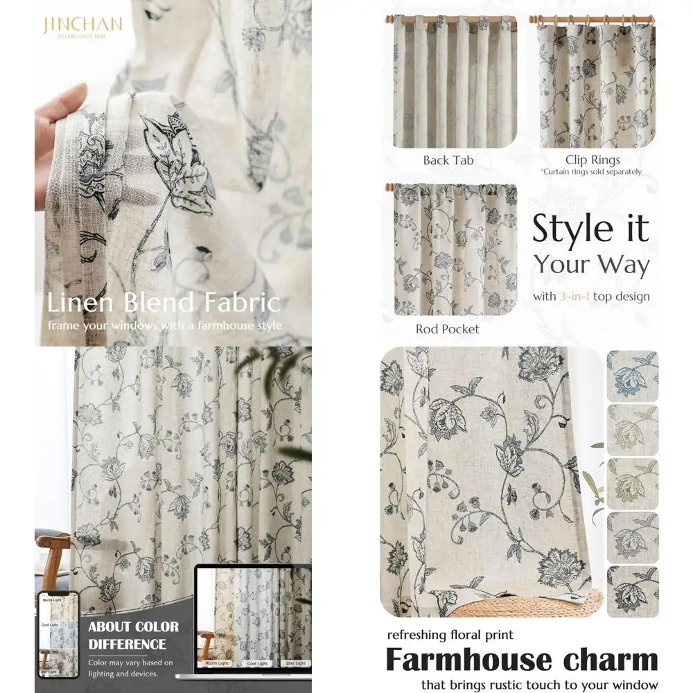 

Floral Linen Curtains 84 for Living Spaces, Light Filtering, Rod Pocket, Back Tab, Set of 2 Black on Linen Panels