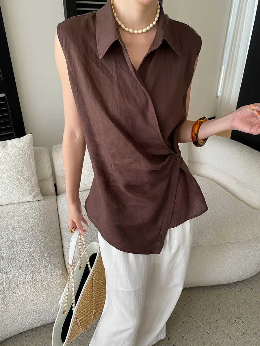 

Summer Women's Casual Solid Color Irregular Side Buckle Design Flip Collar Sleeveless Shirt