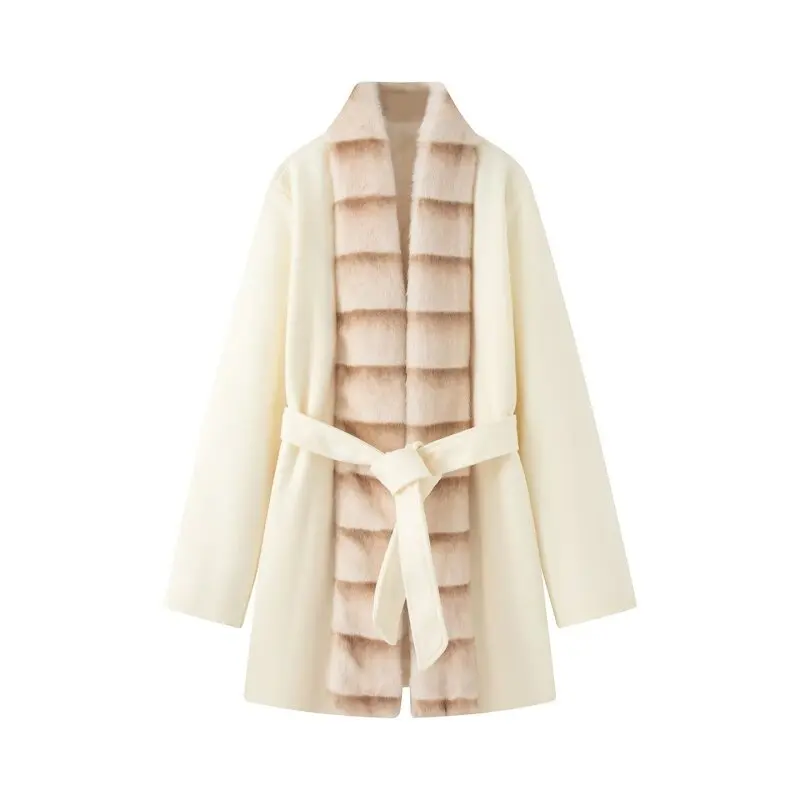 Fashion Lady Spliced Faux Fur Coat Women Lapel Luxury Thick Warm Outerwear Winter Lady Street Loose Long Sleeves Jacket Simple