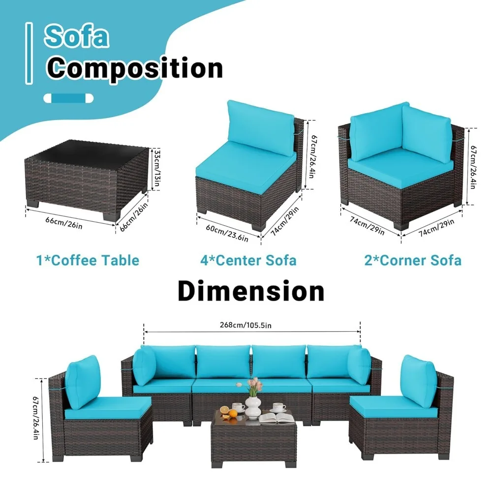 7-Piece Outdoor Rattan Sectional Sofa with Glass Coffee Table, All-Weather PE Wicker & Thick Cushions for Garden & Patio, Custom