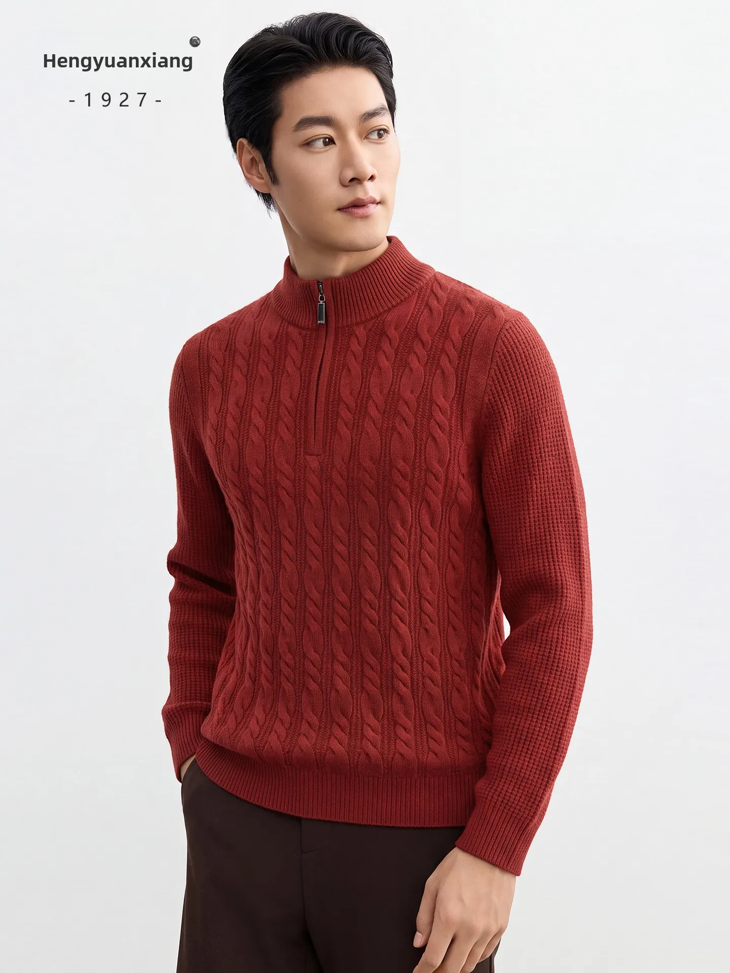 100% Cashmere Men's Pullover Sweater with Half Zipper And Knotted Collar for Autumn Winter Fashion Urban Business Casual Style