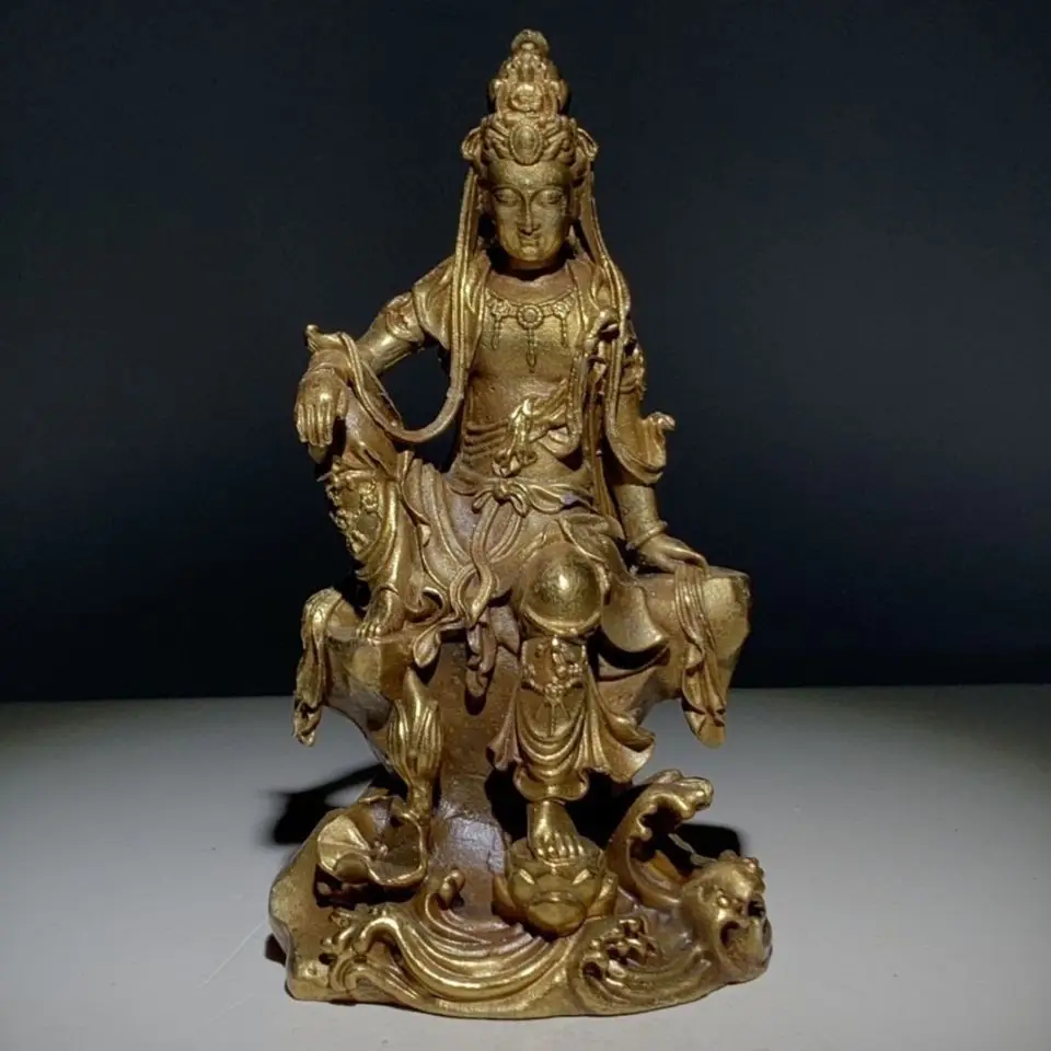 

Unearthed piece of brass, carefree and carefree Guanyin Bodhisattva Buddha statue ornament, Nanhai Bao Lao