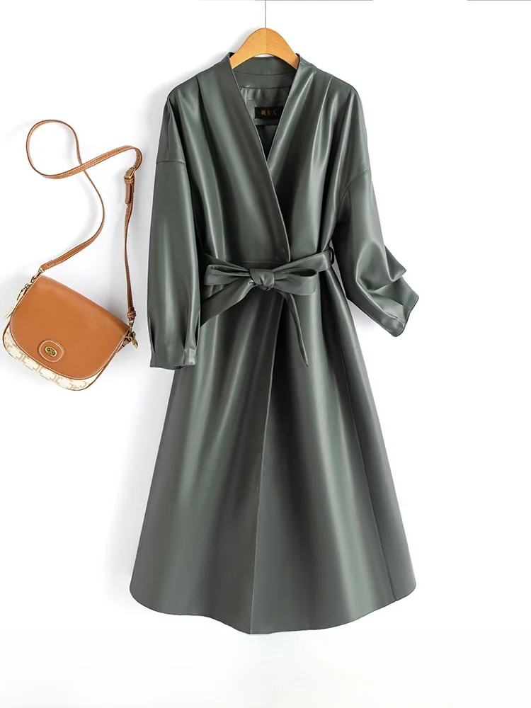 

Spring Autumn Haining Genuine Leather Windbreaker Mid-Length Women's Ele Waist-Cinching New High-End eepskin V-Ne Jaet