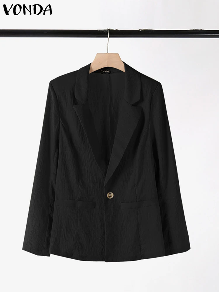 Plus Size 5XL VONDA Women Blazer Lapel Collar Long Sleeve V Neck Single Button Suit Elegant Commuting Solid Color Office Coat