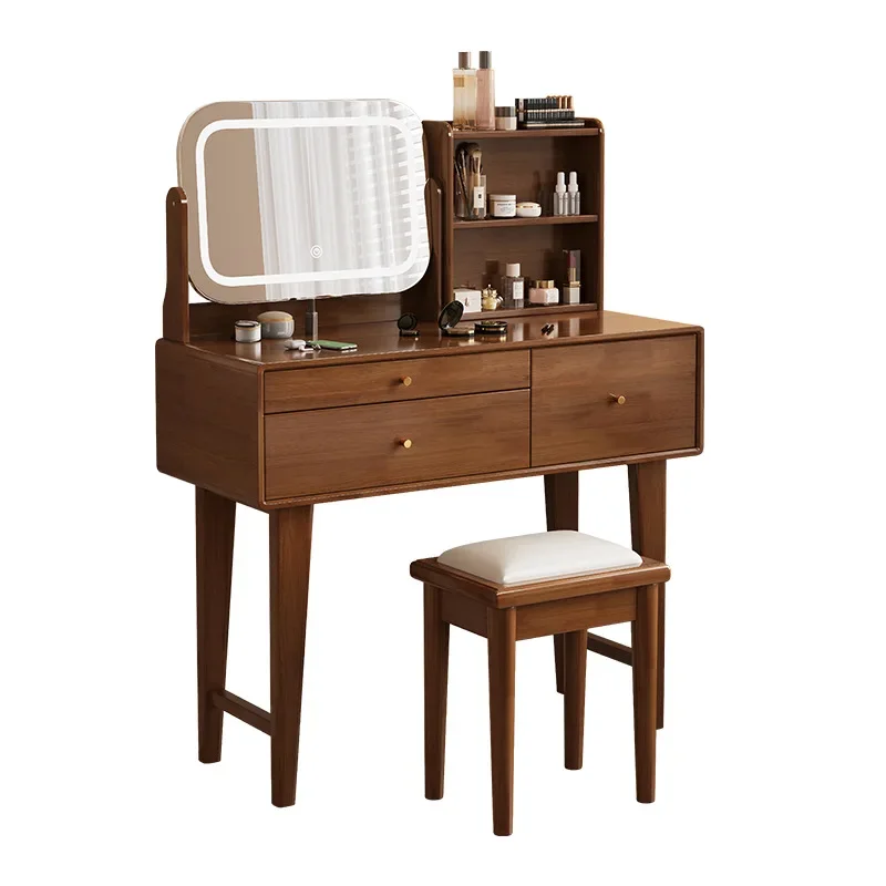 

All solid wood dresser with lamp makeup mirror combination bedroom household large capacity