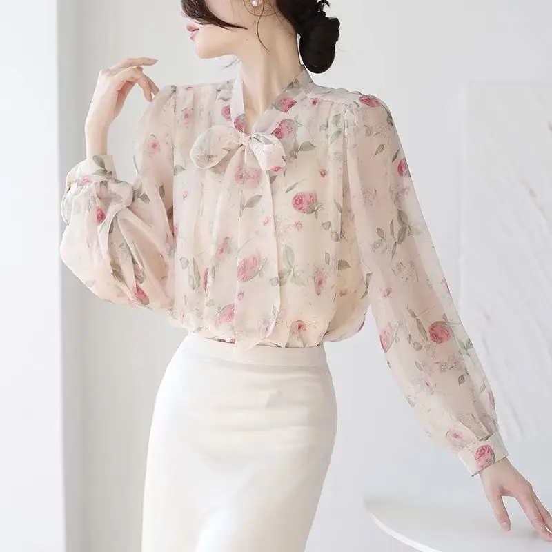 Spring Autumn Rose Fashion Harajuku Slim Fit Tops Women Casual All Match Lady Blouse Printed Long Sleeve Shirts Bowknot Blusa