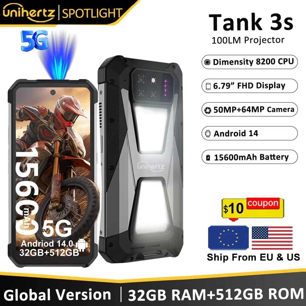 Unihertz tank 3s 8849 powered phone with projector 24/32GB 256/512GB Dimension 8200 cellphone 15600mAh 66W smartphones