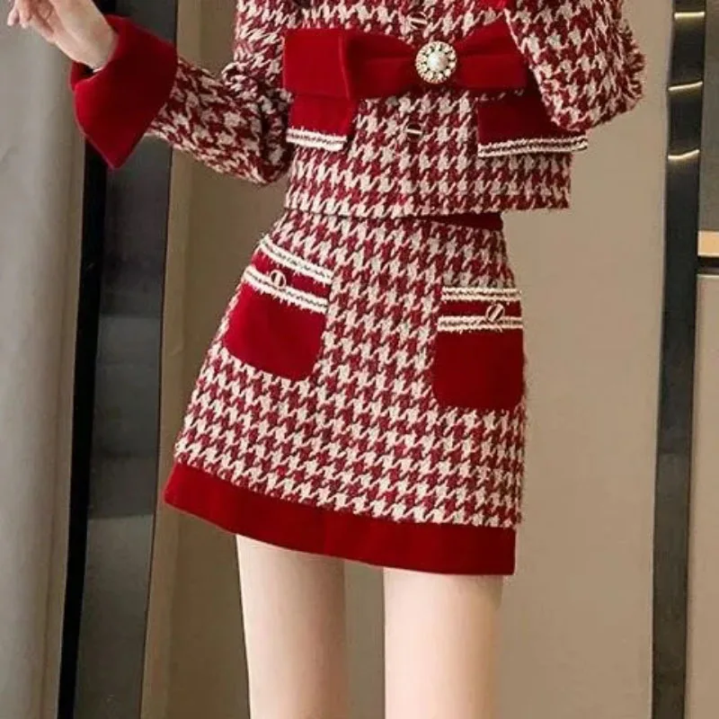 2024 Spring Autumn New Leisure Two-Piece Skirt Women Fashion Loose Bow Single-Breasted Suit Casual Jacket+Skirt Two-Piece Skirt