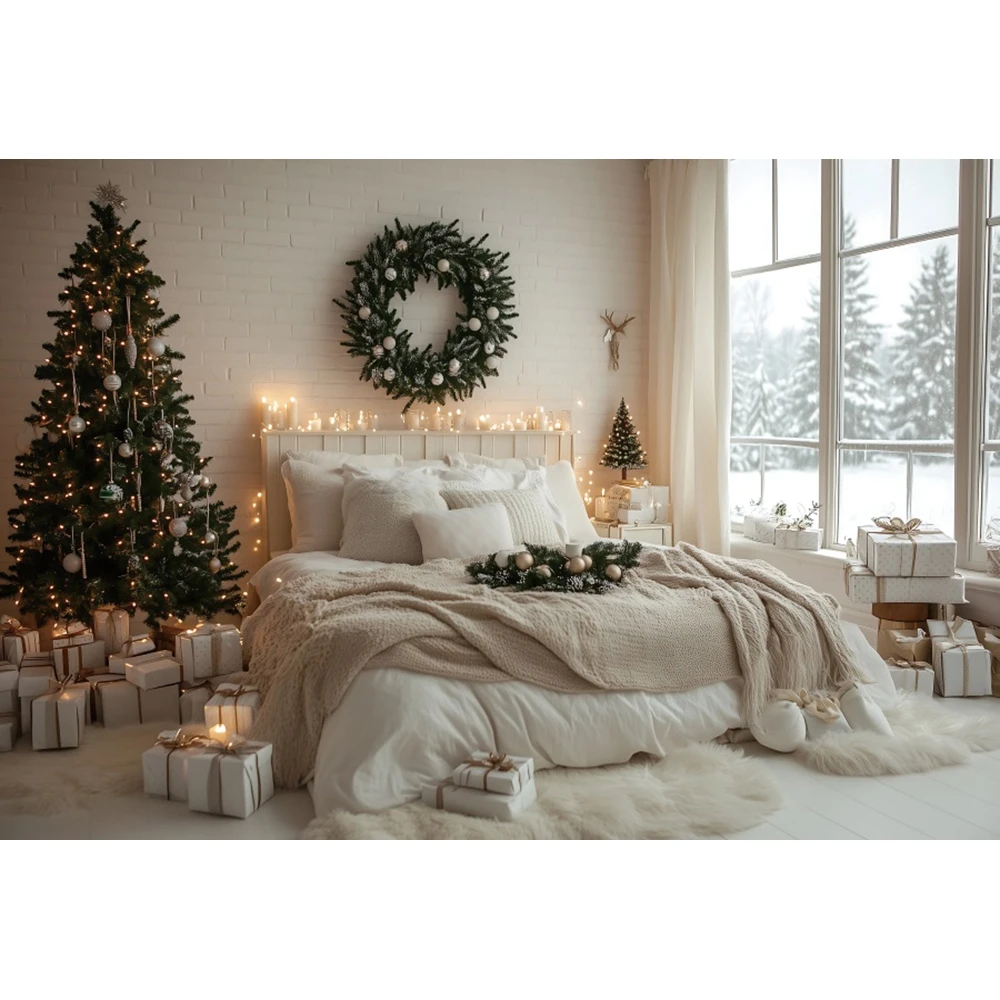عيد الميلاد غرفة نوم المشهد التصوير خلفية شجرة عيد الميلاد نافذة إكليل الأسرة صورة التصوير خلفية الصورة استوديو الدعائم
