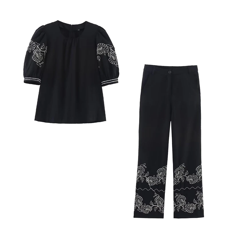 YENKYE Nieuwe 2025 Vrouwen Ronde Hals Korte Pofmouwen Borduren Zwarte Blouse Casual Vintage Zomer Tops