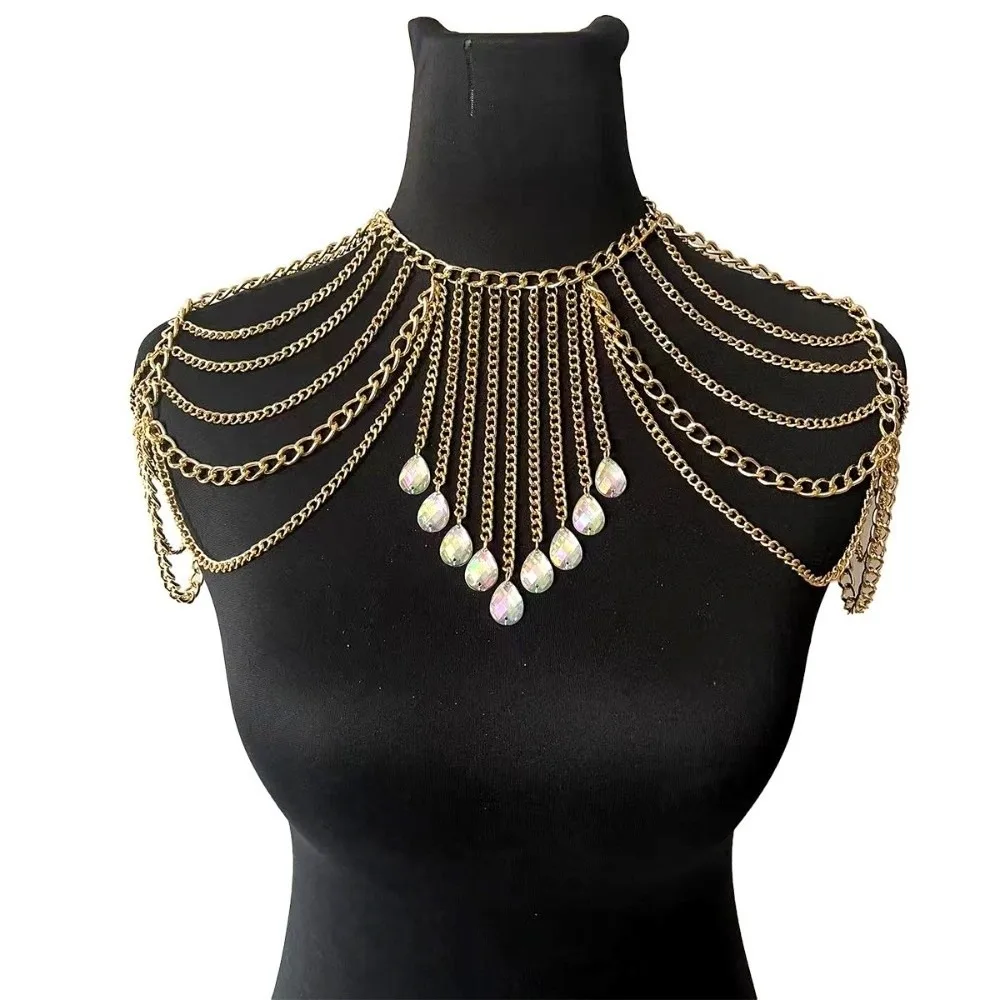 Metal Rhinestone Shoulder Necklace Gold/Silver Multi-layer Women Shoulder Chain Jewelry Arm Chain Bridal Tassel Necklace Events