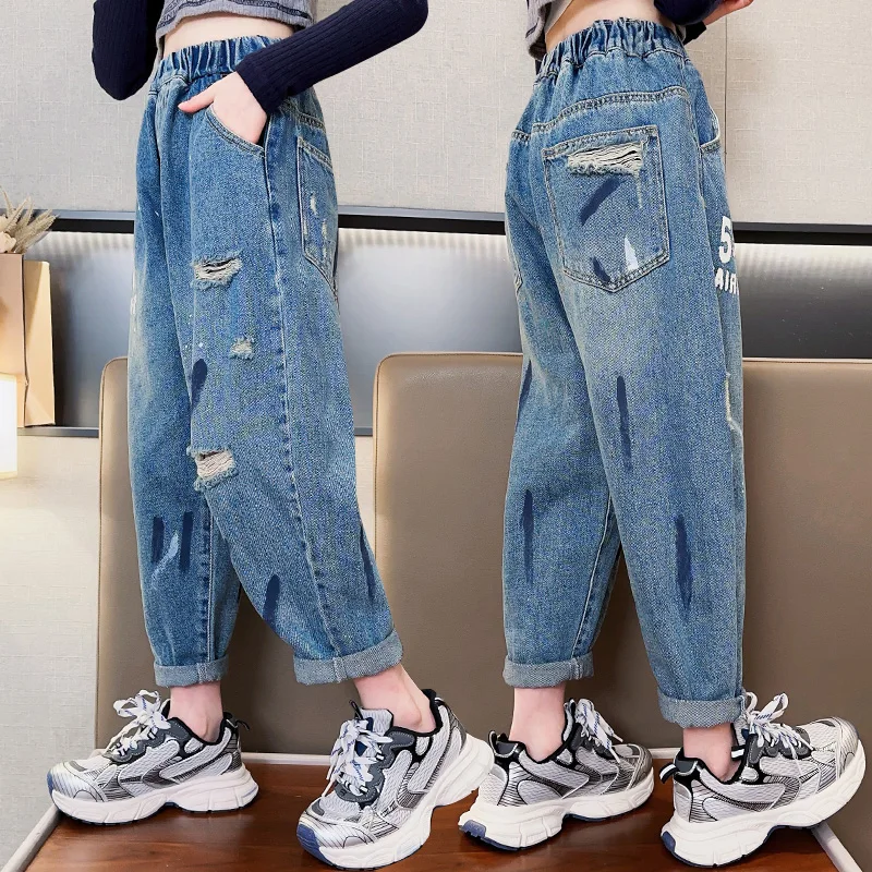 American Fashion Trend Children Straight Ripped Jeans Boy Girls Street y2k Denim Pants with Drawings Unisex Kids Casual Trousers
