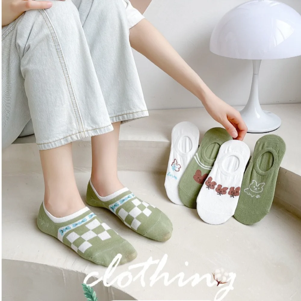 

Cute Animal Pattern Invisible Boat Socks Funny Non Slip Cartoon Plaid Elastic Short Cotton Hosiery Breathable