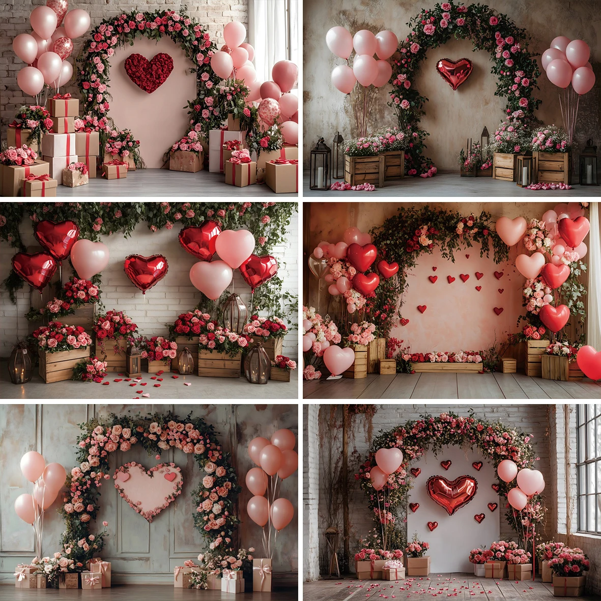 Heart Shaped Balloon Arch Flowers Valentine Photography Background Wood Box Gifts Decor Wedding Anniversary Couple Photo Backdro