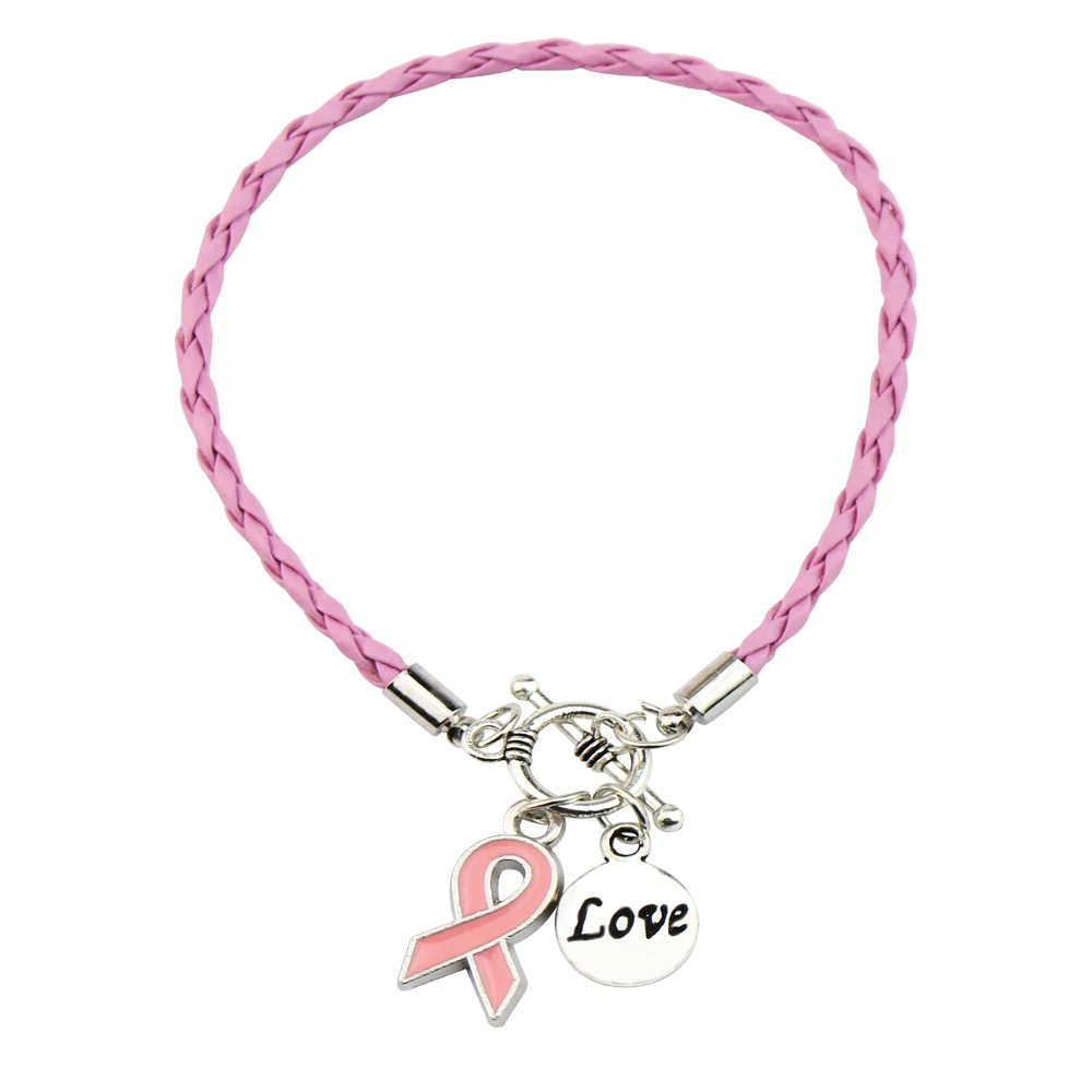 Simple Pink PU Braid Leather Bracelets Awareness Jewelry Breast Cancer Bracelet With Pink Heart Ribbon Charm Pulsera