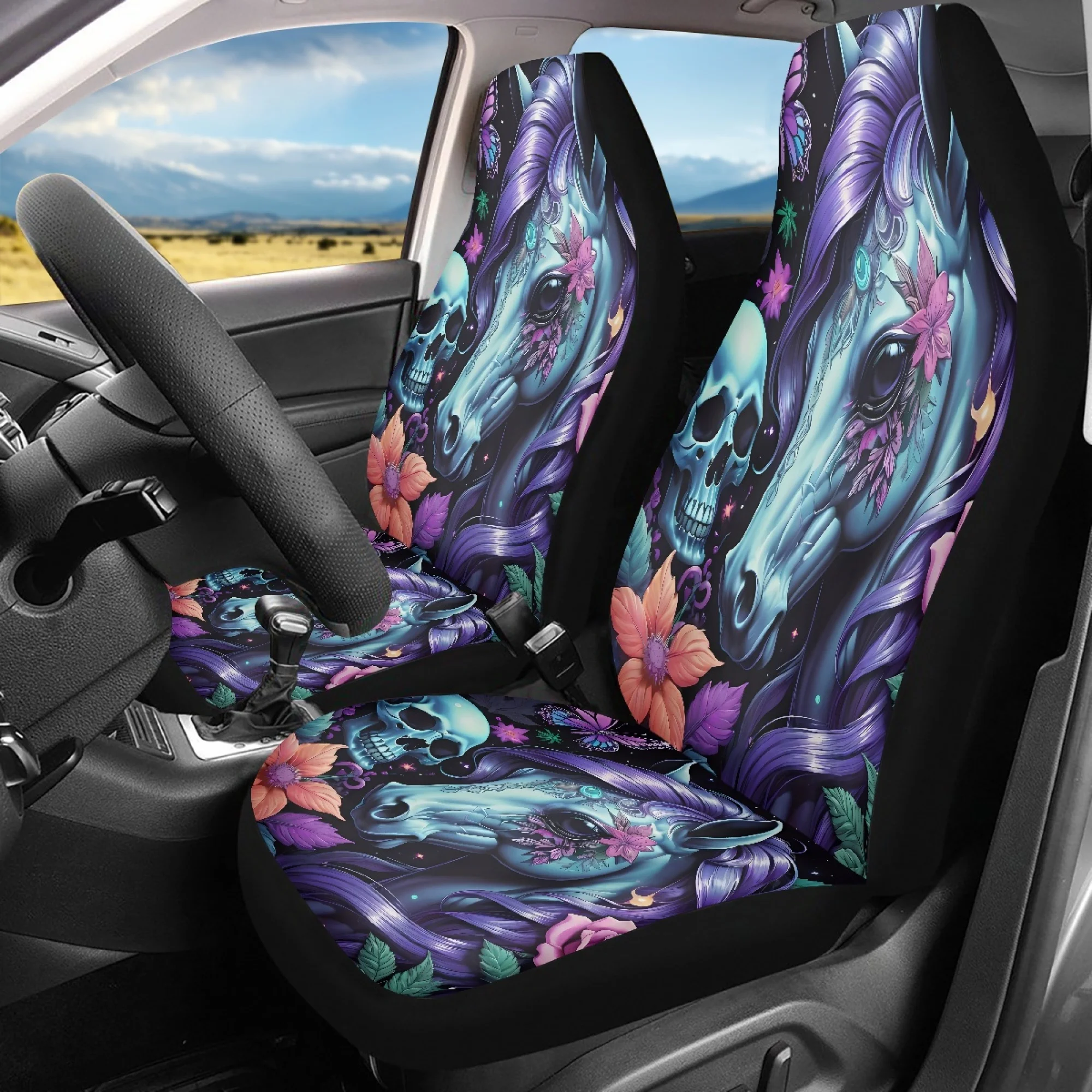 2pcs Skeleton Steed Print Car Seat Covers, For Women And Man, Universal Auto Front Seats Protector Fits For Car, SUV Sedan, Truc