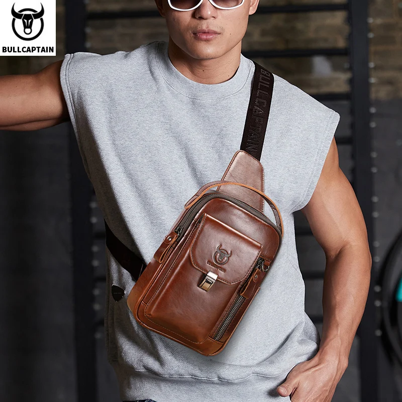 BULLCAPTAIN-Bolsa de Peito de Couro Genuíno Masculina, Bolsa Multifuncional Crossbody, Anti-Roubo, Bolsa Retro para Telefone Móvel, Casual, 7,9\