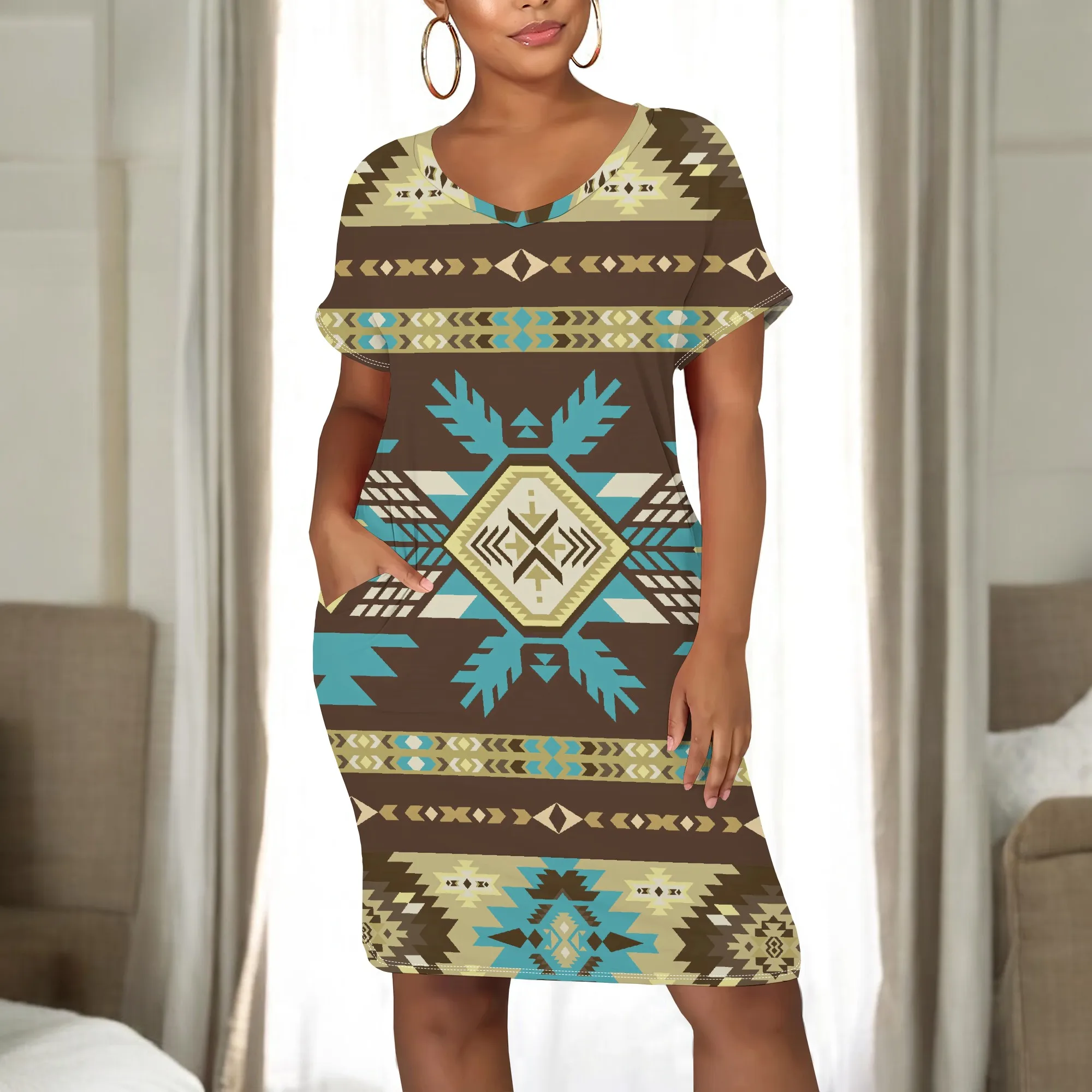 

Women's Summer Fashion Printed Round Neck Maxi Dress for Women Short Sleeve Long Loose Casual Midi Dresses With Pocket