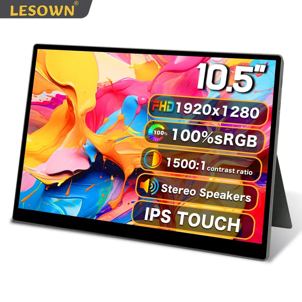 LESOWN Small Portable Monitor 10.5 inch USB-C 100%SRGB Game Screen FHD 1920x1280 IPS Touch Display with Speakers for Drawing PC