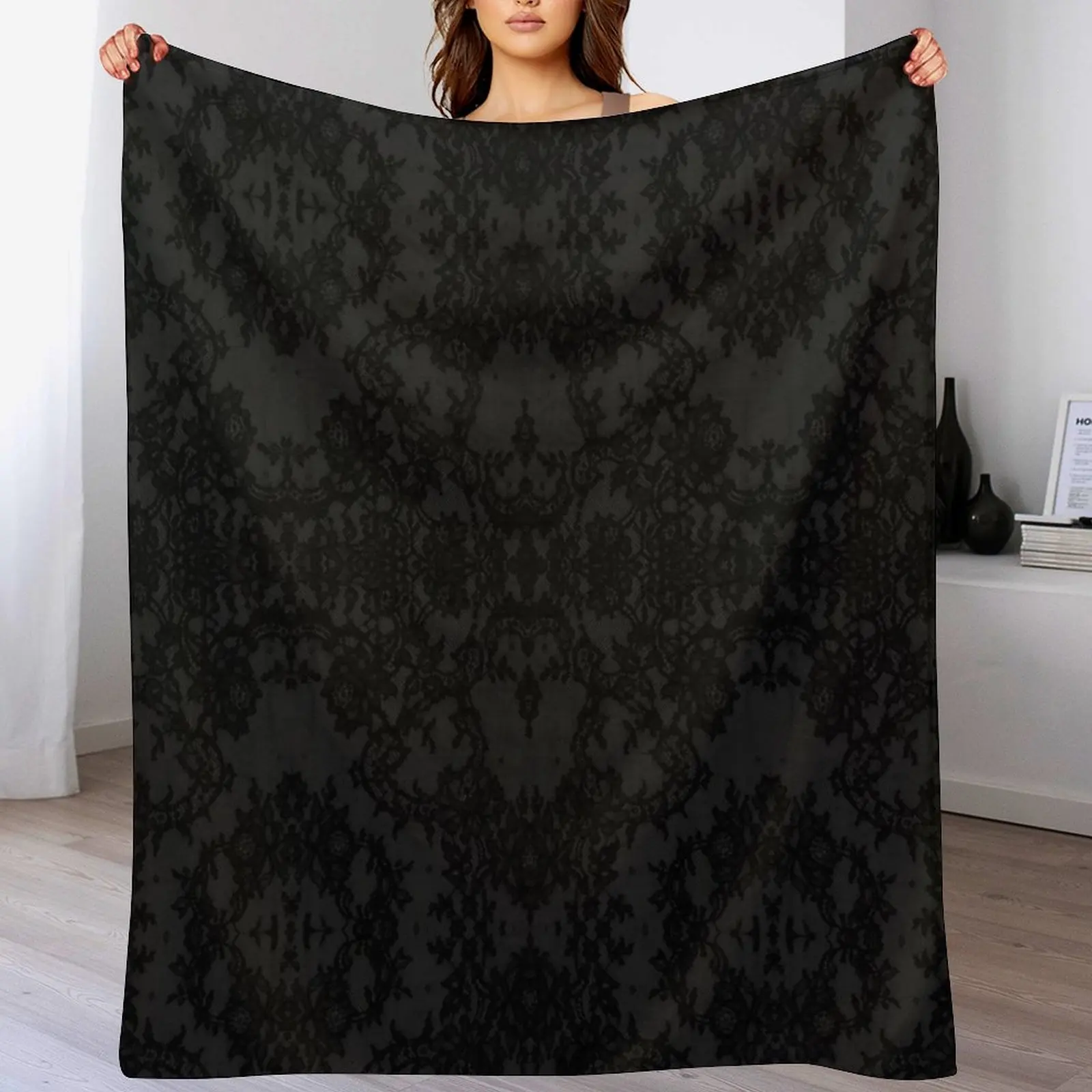 Chic Tonal Black Symmetric Floral Lace Repeat Pattern Throw Blanket Sleeping Bag Fashion Sofas Blankets