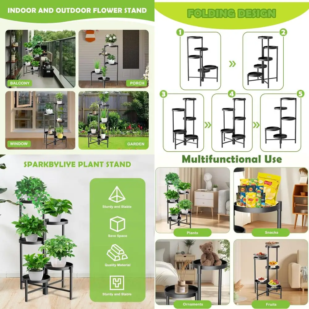 

Прочная 5-ярусная металлическая подставка для растений для использования в помещении и на улице, высокая витрина, черный держатель для горшков, идеально подходит для жилых помещений, балконов, г