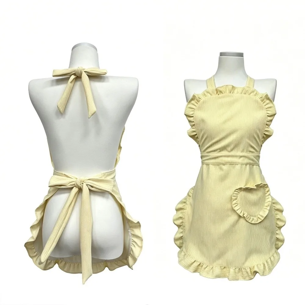 Heart-Shaped Pocket Ruffled Corduroy Apron Plain Design Ruffle Trim Princess Cosplay Apron Bow Decoration Sleeveless Style