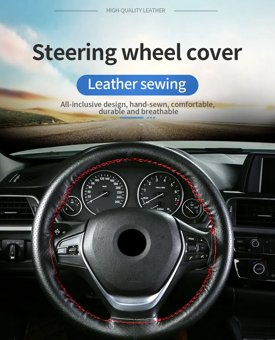 Genuine Leather Steering Wheel Cover Anti-Slip Braiding Cover For Steering Wheel Cowhide 37cm-38cm Steering Wheel Protector