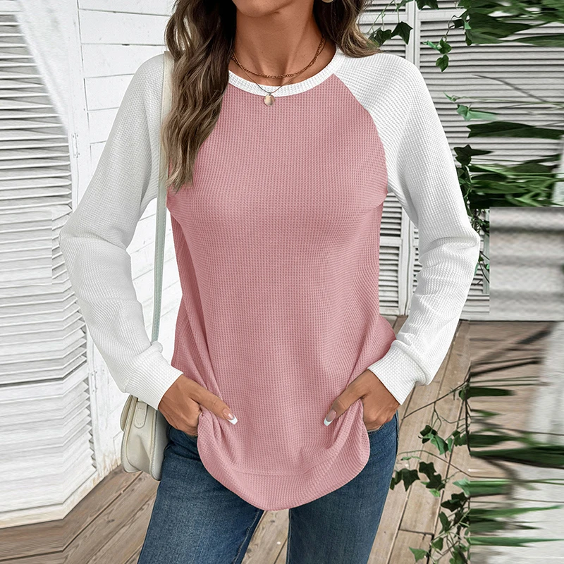 

Модные женские футболки с длинным рукавом с круглым вырезом в стиле пэчворк, цветные свободные футболки, повседневные футболки для женщин, осенний пуловер