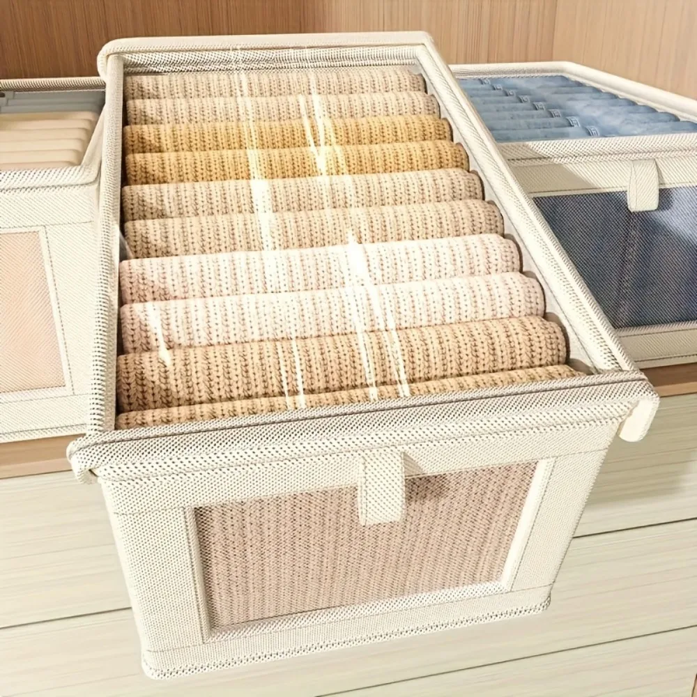 3Pcs Oxford Cloth Storage Box, Clear Window Visible Clothing Storage Box with Cover, Household Clothing Fabric Storage Box