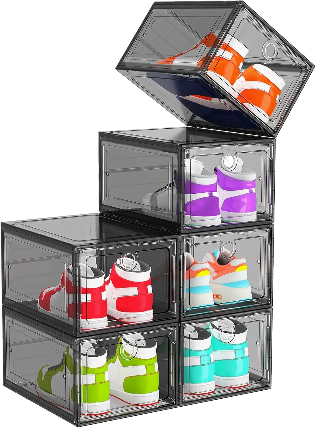 

6 Pack Magnetic Front Door Shoe Organizer, Foldable Clear Storage Boxes for Sneakers Boots Space Saving Rack Black