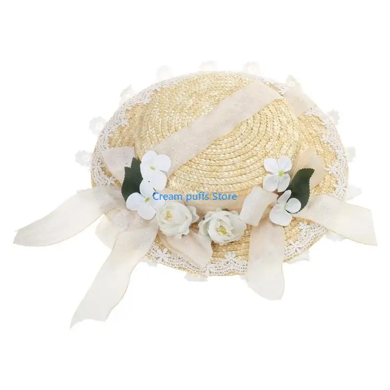 50LE Delicate Flower Flat Hat Women Straw Bonnet Vacation Beach Hat Sweet Foldable Travel Bonnet Hat Sunscreens Sunproof Hat