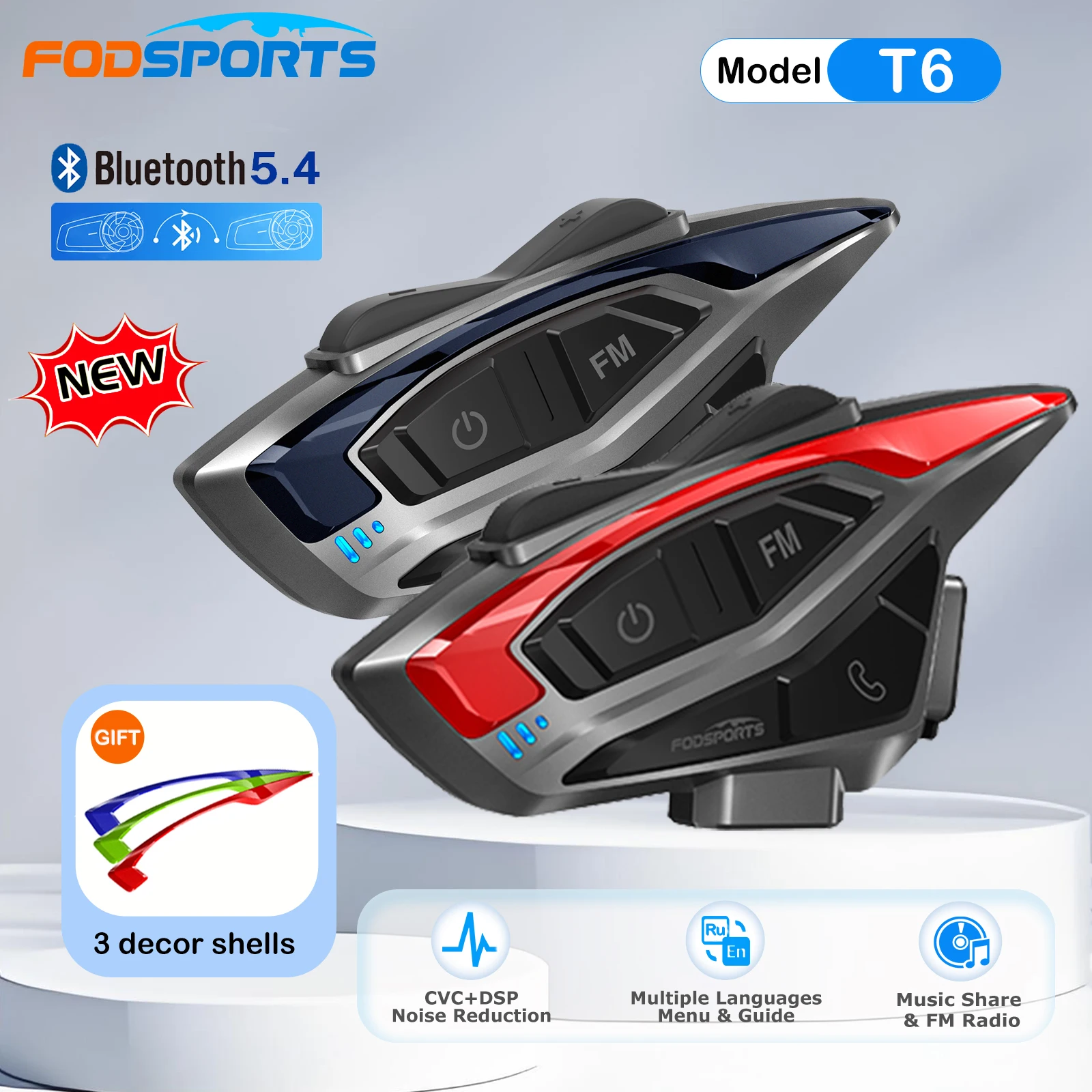 Fodsports – casque T6, interphone de Moto pour 2 motocyclistes, communicateur de Moto, BT5.4 + partage Muisc + FM, plusieurs langues, 2 pièces