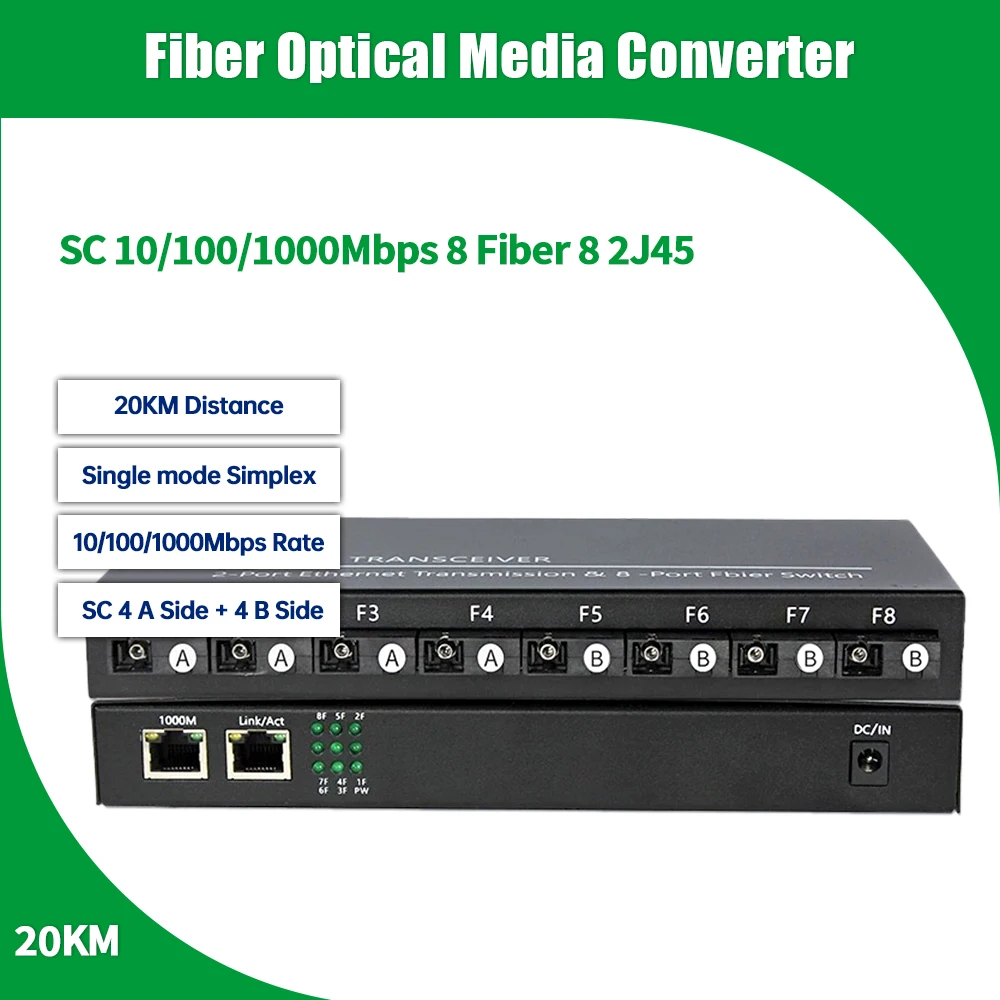 Gigabit Ethernet Fiber Switch 1.25G Fiber 8 Port 2 RJ45 Port Media Converter SC 20km SingleMode 100/1000Mbps Optical Transceiver