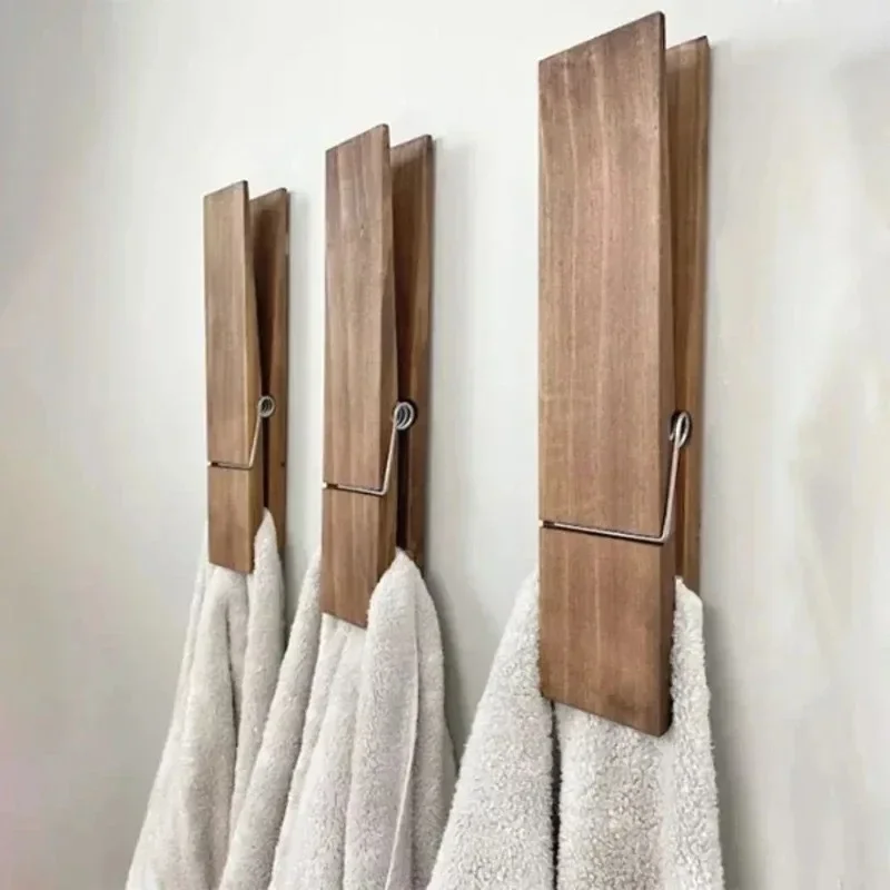 

Extra Large Wooden Towel Rack with Clip Stylish Wall Mounted Bathroom and Laundry Room Decoration Storage Holder Clothes Hook ﻿
