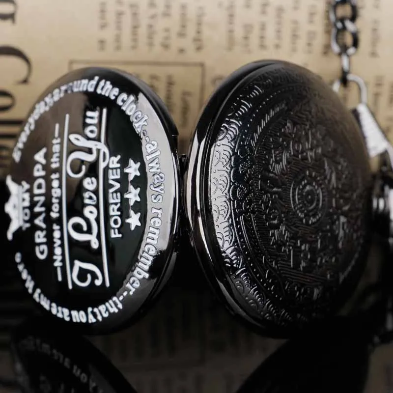 الرجال الكلاسيكية تاج "Love Grandpa Forever" ساعة جيب سوداء قلادة قلادة هدايا للرجال Reloj De Bolsillo Antiguo