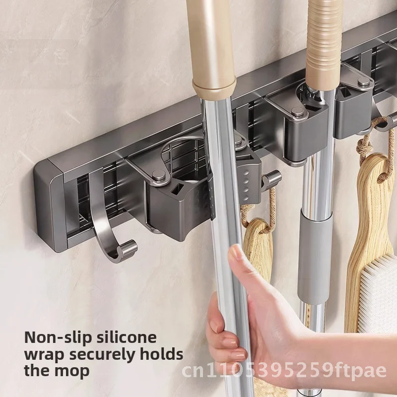 Punch-Free Strong Wall Hanging Mop Clip Hook Buckle Broom Storage Rack for Bathroom Space Aluminum Silver/Gun Gray Luxury-