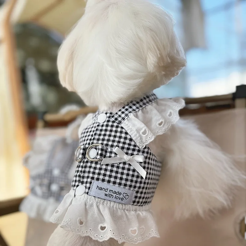 Pet Dog Clothes Lace Skirt Pastoral Style Black Plaid  Harness Puppy Dresses Universal Harness Tractionable Retro Princess Dress